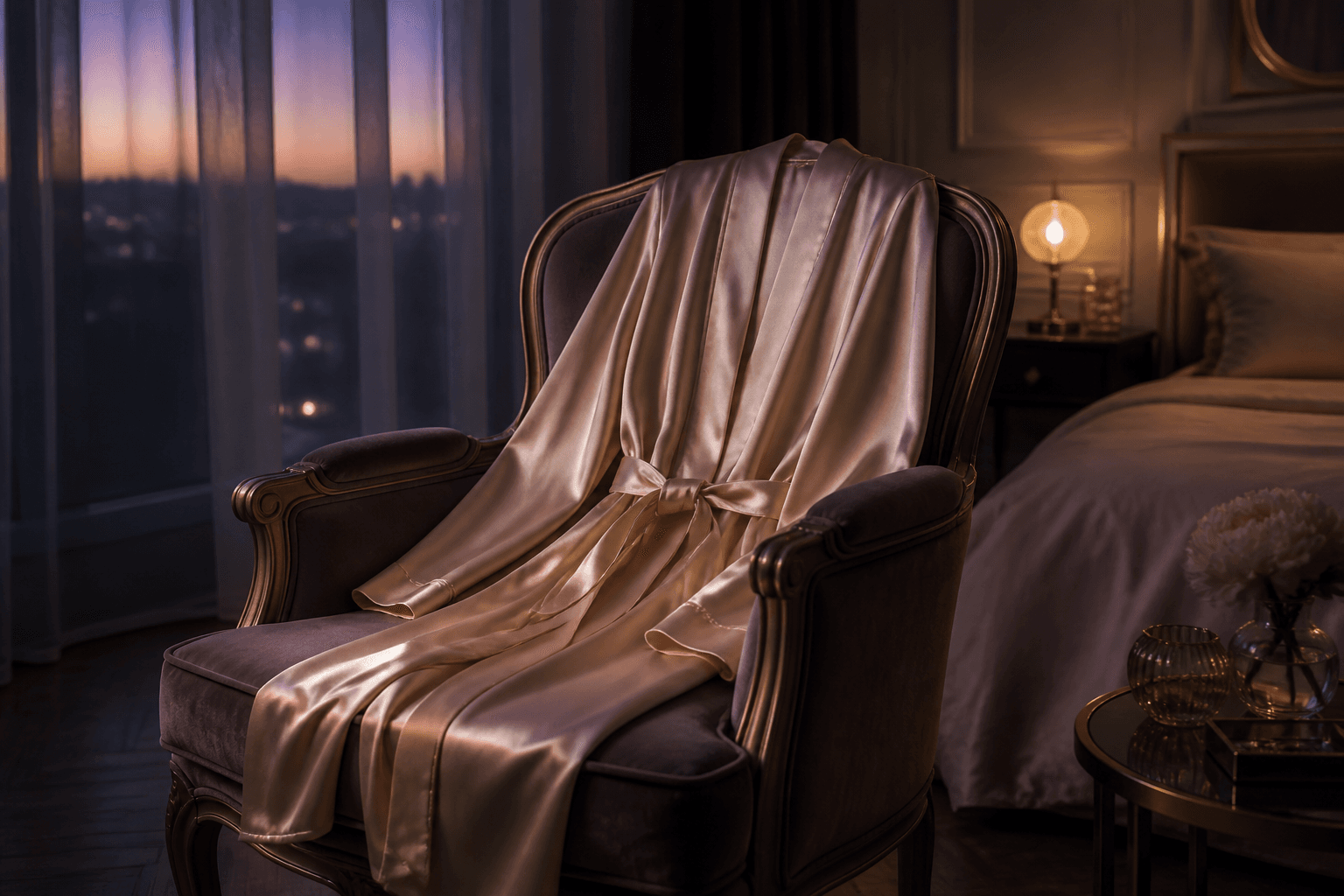 Silk robe draped over a chair at twilight